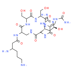 ChemSpider 2D Image | 3,6-Diamino-N-[(3R,6Z)-3-[(4R,6S)-2-amino-6-hydroxy-3,4,5,6-tetrahydro-4-pyrimidinyl]-6-[(carbamoylamino)methylene]-9,12-bis(hydroxymethyl)-2,5,8,11,14-pentaoxo-1,4,7,10,13-pentaazacyclohexadecan-15-y
l]hexanamide | C25H43N13O10