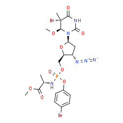 ChemSpider 2D Image | Methyl (2S)-2-{[({(2S,3S,5R)-3-azido-5-[(5S,6S)-5-bromo-6-methoxy-5-methyl-2,4-dioxotetrahydro-1(2H)-pyrimidinyl]tetrahydro-2-furanyl}methoxy)(4-bromophenoxy)phosphoryl]amino}propanoate (non-preferred
 name) | C21H27Br2N6O9P