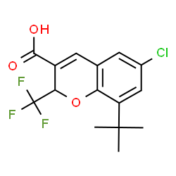 ChemSpider 2D Image | 6-Chloro-8-(2-methyl-2-propanyl)-2-(trifluoromethyl)-2H-chromene-3-carboxylic acid | C15H14ClF3O3