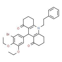 ChemSpider 2D Image | 9-(3-Bromo-4,5-diethoxyphenyl)-10-(2-phenylethyl)-3,4,6,7,9,10-hexahydro-1,8(2H,5H)-acridinedione | C31H34BrNO4