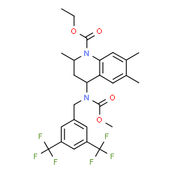 ChemSpider 2D Image | Ethyl 4-{[3,5-bis(trifluoromethyl)benzyl](methoxycarbonyl)amino}-2,6,7-trimethyl-3,4-dihydro-1(2H)-quinolinecarboxylate | C26H28F6N2O4