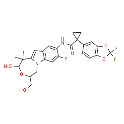 ChemSpider 2D Image | 1-(2,2-Difluoro-1,3-benzodioxol-5-yl)-N-[8-fluoro-2-hydroxy-4-(hydroxymethyl)-1,1-dimethyl-1,2,4,5-tetrahydro[1,4]oxazepino[4,5-a]indol-9-yl]cyclopropanecarboxamide | C26H25F3N2O6