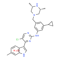ChemSpider 2D Image | 5-Chloro-N-(3-cyclopropyl-5-{[(3R,5S)-3,5-dimethyl-1-piperazinyl]methyl}phenyl)-4-(6-methyl-1H-indol-3-yl)-2-pyrimidinamine hydrate (1:1) | C29H35ClN6O