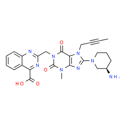 ChemSpider 2D Image | 2-({8-[(3R)-3-Amino-1-piperidinyl]-7-(2-butyn-1-yl)-3-methyl-2,6-dioxo-2,3,6,7-tetrahydro-1H-purin-1-yl}methyl)-4-quinazolinecarboxylic acid | C25H26N8O4
