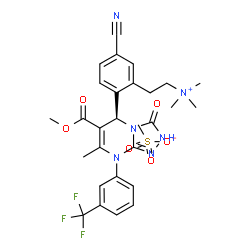 ChemSpider 2D Image | 2-(5-Cyano-2-{(5R)-6-(methoxycarbonyl)-7-methyl-3-oxo-8-[3-(trifluoromethyl)phenyl]-2,3,5,8-tetrahydro[1,2,4]triazolo[4,3-a]pyrimidin-5-yl}phenyl)-N,N,N-trimethylethanaminium methanesulfonate | C28H31F3N6O6S