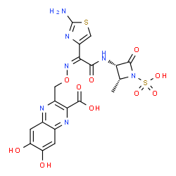 ChemSpider 2D Image | 3-[({(Z)-[1-(2-Amino-1,3-thiazol-4-yl)-2-{[(2R,3S)-2-methyl-4-oxo-1-sulfo-3-azetidinyl]amino}-2-oxoethylidene]amino}oxy)methyl]-6,7-dihydroxy-2-quinoxalinecarboxylic acid | C19H17N7O10S2