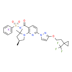 ChemSpider 2D Image | Potassium (phenylsulfonyl)({6-(3-{2-[1-(trifluoromethyl)cyclopropyl]ethoxy}-1H-pyrazol-1-yl)-2-[(4S)-2,2,4-trimethyl-1-pyrrolidinyl]-3-pyridinyl}carbonyl)azanide | C28H31F3KN5O4S