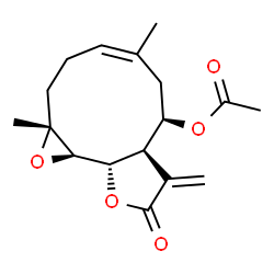 ChemSpider 2D Image | (1aR,4Z,7R,7aR,10aS,10bR)-1a,5-Dimethyl-8-methylene-9-oxo-1a,2,3,6,7,7a,8,9,10a,10b-decahydrooxireno[9,10]cyclodeca[1,2-b]furan-7-yl acetate | C17H22O5