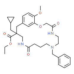ChemSpider 2D Image | Ethyl 8-benzyl-15-(cyclopropylmethyl)-20-methoxy-4,12-dioxo-2-oxa-5,8,13-triazabicyclo[15.3.1]henicosa-1(21),17,19-triene-15-carboxylate | C32H43N3O6