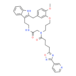 ChemSpider 2D Image | 23-Methoxy-17-{4-[3-(3-pyridinyl)-1,2,4-oxadiazol-5-yl]butanoyl}-21-oxa-4,14,17-triazatetracyclo[20.3.1.0~3,11~.0~5,10~]hexacosa-1(26),3(11),5,7,9,22,24-heptaen-15-one | C34H36N6O5
