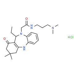 ChemSpider 2D Image | N-[3-(Dimethylamino)propyl]-2-(11-ethyl-3,3-dimethyl-1-oxo-1,2,3,4,5,11-hexahydro-10H-dibenzo[b,e][1,4]diazepin-10-yl)acetamide hydrochloride (1:1) | C24H37ClN4O2