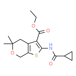 ChemSpider 2D Image | Ethyl 2-[(cyclopropylcarbonyl)amino]-5,5-dimethyl-4,7-dihydro-5H-thieno[2,3-c]pyran-3-carboxylate | C16H21NO4S