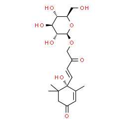 ChemSpider 2D Image | (4S)-4-[(1E)-4-(Î²-D-Glucopyranosyloxy)-3-oxo-1-buten-1-yl]-4-hydroxy-3,5,5-trimethyl-2-cyclohexen-1-one | C19H28O9