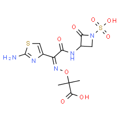 ChemSpider 2D Image | 2-{[(Z)-{1-(2-Amino-1,3-thiazol-4-yl)-2-oxo-2-[(2-oxo-1-sulfo-3-azetidinyl)amino]ethylidene}amino]oxy}-2-methylpropanoic acid | C12H15N5O8S2