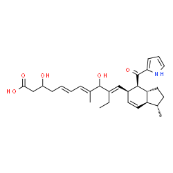 ChemSpider 2D Image | (5E,7E,10E)-3,9-Dihydroxy-8-methyl-10-{[(1S,3aR,4S,5S,7aS)-1-methyl-4-(1H-pyrrol-2-ylcarbonyl)-2,3,3a,4,5,7a-hexahydro-1H-inden-5-yl]methylene}-5,7-dodecadienoic acid | C29H39NO5