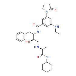ChemSpider 2D Image | N-[(3R)-4-{[(2S)-1-(Cyclohexylamino)-1-oxo-2-propanyl]amino}-3-hydroxy-1-phenyl-2-butanyl]-3-(ethylamino)-5-(2-oxo-1-pyrrolidinyl)benzamide | C32H45N5O4