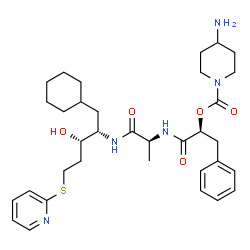 ChemSpider 2D Image | 2-({N-[(2S)-2-{[(4-Amino-1-piperidinyl)carbonyl]oxy}-3-phenylpropanoyl]-L-alanyl}amino)-1-cyclohexyl-1,2,4-trideoxy-5-S-2-pyridinyl-5-thio-L-threo-pentitol | C34H49N5O5S