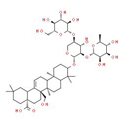 ChemSpider 2D Image | (5xi,9xi,18xi)-3-{[6-Deoxy-alpha-L-mannopyranosyl-(1->2)-[beta-D-glucopyranosyl-(1->4)]-beta-D-xylopyranosyl]oxy}-27-hydroxyolean-12-en-28-oic acid | C47H76O17