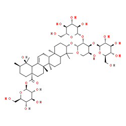 ChemSpider 2D Image | [(2S,3R,4S,5S,6R)-3,4,5-trihydroxy-6-(hydroxymethyl)tetrahydropyran-2-yl] (1R,2R,4aS,6aR,6aS,6bR,10S,12aR)-1-hydroxy-10-[(2R,3R,4S,5S)-5-hydroxy-3,4-bis[[(2S,3R,4S,5S,6R)-3,4,5-trihydroxy-6-(hydroxymethyl)tetrahydropyran-2-yl]oxy]tetrahydropyran-2-yl]oxy-1,2,6a,6b,9,9,12a-heptamethyl-2,3,4,5,6,6a,7,8,8a,10,11,12,13,14b-tetradecahydropicene-4a-carboxylate | C53H86O23
