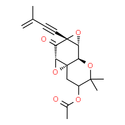 ChemSpider 2D Image | (4aS,5aS,6aR,7aR,7bR)-2,2-Dimethyl-6a-(3-methyl-3-buten-1-yn-1-yl)-6-oxohexahydro-2H,5aH-bisoxireno[e,h]chromen-3-yl acetate | C18H20O6