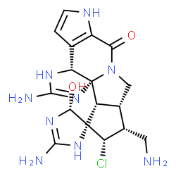 ChemSpider 2D Image | (3aR,5'R,9aS,10R,11S,12S,12aR,12bS)-2,2'-Diamino-10-(aminomethyl)-11-chloro-5'-hydroxy-3',3a,5',6,9a,10,11,12a-octahydro-9H-spiro[cyclopenta[a]imidazo[4,5-h]pyrrolo[2,3-f]indolizine-12,4'-imidazol]-7(
3H)-one | C17H22ClN9O2