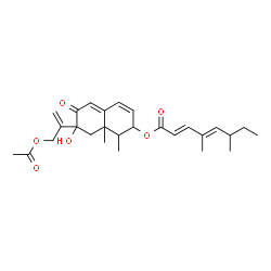 ChemSpider 2D Image | 7-(3-Acetoxy-1-propen-2-yl)-7-hydroxy-1,8a-dimethyl-6-oxo-1,2,6,7,8,8a-hexahydro-2-naphthalenyl (2E,4E)-4,6-dimethyl-2,4-octadienoate | C27H36O6