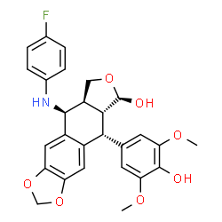 ChemSpider 2D Image | (5R,5aR,6R,8aS,9S)-9-[(4-Fluorophenyl)amino]-5-(4-hydroxy-3,5-dimethoxyphenyl)-5,5a,6,8,8a,9-hexahydrofuro[3',4':6,7]naphtho[2,3-d][1,3]dioxol-6-ol | C27H26FNO7