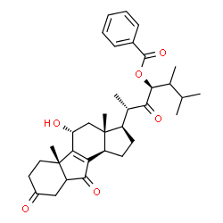 ChemSpider 2D Image | (2S,4S)-2-[(3R,3aR,5R,5bS,10bR)-5-Hydroxy-3a,5b-dimethyl-8,10-dioxo-1,2,3,3a,4,5,5b,6,7,8,9,9a,10,10b-tetradecahydrocyclopenta[a]fluoren-3-yl]-5,6-dimethyl-3-oxo-4-heptanyl benzoate | C34H44O6