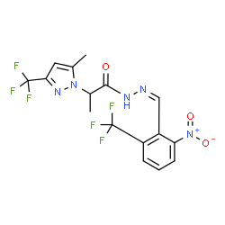 ChemSpider 2D Image | 2-[5-Methyl-3-(trifluoromethyl)-1H-pyrazol-1-yl]-N'-{(Z)-[2-nitro-6-(trifluoromethyl)phenyl]methylene}propanehydrazide | C16H13F6N5O3