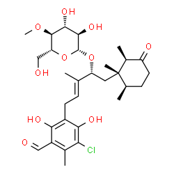ChemSpider 2D Image | (2R,3E)-5-(3-Chloro-5-formyl-2,6-dihydroxy-4-methylphenyl)-3-methyl-1-[(1S,2R,6R)-1,2,6-trimethyl-3-oxocyclohexyl]-3-penten-2-yl 4-O-methyl-beta-D-glucopyranoside | C30H43ClO10