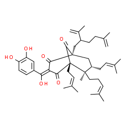 ChemSpider 2D Image | (1R,3Z,5S,6R,7S)-3-[(3,4-Dihydroxyphenyl)(hydroxy)methylene]-1-(2-isopropenyl-5-methyl-5-hexen-1-yl)-6-methyl-5,7-bis(3-methyl-2-buten-1-yl)-6-(4-methyl-3-penten-1-yl)bicyclo[3.3.1]nonane-2,4,9-trione | C43H58O6