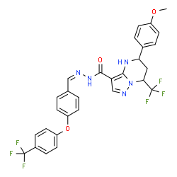 ChemSpider 2D Image | 5-(4-Methoxyphenyl)-7-(trifluoromethyl)-N'-[(Z)-{4-[4-(trifluoromethyl)phenoxy]phenyl}methylene]-4,5,6,7-tetrahydropyrazolo[1,5-a]pyrimidine-3-carbohydrazide | C29H23F6N5O3