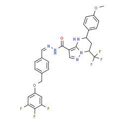 ChemSpider 2D Image | 5-(4-Methoxyphenyl)-7-(trifluoromethyl)-N'-[(Z)-{4-[(3,4,5-trifluorophenoxy)methyl]phenyl}methylene]-4,5,6,7-tetrahydropyrazolo[1,5-a]pyrimidine-3-carbohydrazide | C29H23F6N5O3