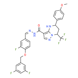 ChemSpider 2D Image | N'-[(Z)-{4-[(3,5-Difluorobenzyl)oxy]-3-fluorophenyl}methylene]-5-(4-methoxyphenyl)-7-(trifluoromethyl)-4,5,6,7-tetrahydropyrazolo[1,5-a]pyrimidine-3-carbohydrazide | C29H23F6N5O3