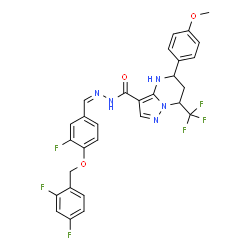 ChemSpider 2D Image | N'-[(Z)-{4-[(2,4-Difluorobenzyl)oxy]-3-fluorophenyl}methylene]-5-(4-methoxyphenyl)-7-(trifluoromethyl)-4,5,6,7-tetrahydropyrazolo[1,5-a]pyrimidine-3-carbohydrazide | C29H23F6N5O3