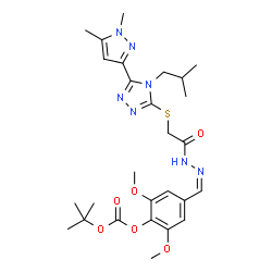 ChemSpider 2D Image | 4-{(Z)-[({[5-(1,5-Dimethyl-1H-pyrazol-3-yl)-4-isobutyl-4H-1,2,4-triazol-3-yl]sulfanyl}acetyl)hydrazono]methyl}-2,6-dimethoxyphenyl 2-methyl-2-propanyl carbonate | C27H37N7O6S