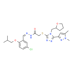 ChemSpider 2D Image | N'-[(Z)-(5-Chloro-2-isobutoxyphenyl)methylene]-2-{[5-(1,5-dimethyl-1H-pyrazol-3-yl)-4-(tetrahydro-2-furanylmethyl)-4H-1,2,4-triazol-3-yl]sulfanyl}acetohydrazide | C25H32ClN7O3S