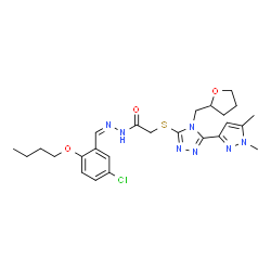 ChemSpider 2D Image | N'-[(Z)-(2-Butoxy-5-chlorophenyl)methylene]-2-{[5-(1,5-dimethyl-1H-pyrazol-3-yl)-4-(tetrahydro-2-furanylmethyl)-4H-1,2,4-triazol-3-yl]sulfanyl}acetohydrazide | C25H32ClN7O3S