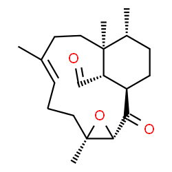 ChemSpider 2D Image | (1R,3S,5R,8E,12S,13R,16S)-5,9,12,13-Tetramethyl-2-oxo-4-oxatricyclo[10.3.1.0~3,5~]hexadec-8-ene-16-carbaldehyde | C20H30O3