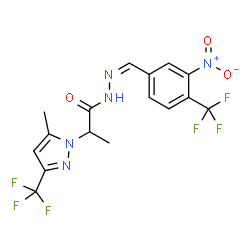 ChemSpider 2D Image | 2-[5-Methyl-3-(trifluoromethyl)-1H-pyrazol-1-yl]-N'-{(Z)-[3-nitro-4-(trifluoromethyl)phenyl]methylene}propanehydrazide | C16H13F6N5O3