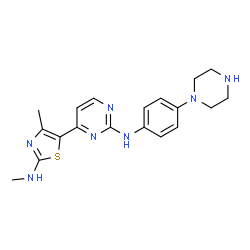 ChemSpider 2D Image | 4-[4-Methyl-2-(methylamino)-1,3-thiazol-5-yl]-N-[4-(1-piperazinyl)phenyl]-2-pyrimidinamine | C19H23N7S