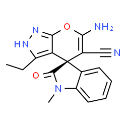 ChemSpider 2D Image | (3R)-6'-Amino-3'-ethyl-1-methyl-2-oxo-1,2-dihydro-2'H-spiro[indole-3,4'-pyrano[2,3-c]pyrazole]-5'-carbonitrile | C17H15N5O2