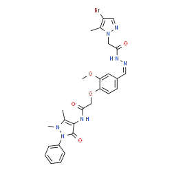 ChemSpider 2D Image | 2-{4-[(Z)-{[(4-Bromo-5-methyl-1H-pyrazol-1-yl)acetyl]hydrazono}methyl]-2-methoxyphenoxy}-N-(1,5-dimethyl-3-oxo-2-phenyl-2,3-dihydro-1H-pyrazol-4-yl)acetamide | C27H28BrN7O5