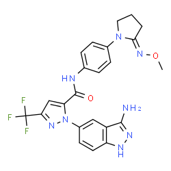 ChemSpider 2D Image | 1-(3-Amino-1H-indazol-5-yl)-N-{4-[(2E)-2-(methoxyimino)-1-pyrrolidinyl]phenyl}-3-(trifluoromethyl)-1H-pyrazole-5-carboxamide | C23H21F3N8O2