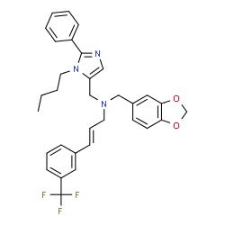 ChemSpider 2D Image | (2E)-N-(1,3-Benzodioxol-5-ylmethyl)-N-[(1-butyl-2-phenyl-1H-imidazol-5-yl)methyl]-3-[3-(trifluoromethyl)phenyl]-2-propen-1-amine | C32H32F3N3O2