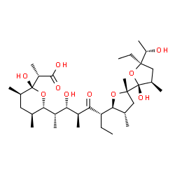 ChemSpider 2D Image | (2S)-2-{(2R,3R,5S,6S)-6-[(2S,3S,4S,6R)-6-{(2S,2'R,3'R,4S,5S,5'R)-5'-Ethyl-2'-hydroxy-5'-[(1S)-1-hydroxyethyl]-2,3',4-trimethyloctahydro-2,2'-bifuran-5-yl}-3-hydroxy-4-methyl-5-oxo-2-octanyl]-2-hydroxy
-3,5-dimethyltetrahydro-2H-pyran-2-yl}propanoic acid | C34H60O10