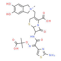ChemSpider 2D Image | 2-[(7-{[(2Z)-2-(2-Amino-1,3-thiazol-4-yl)-2-{[(2-carboxy-2-propanyl)oxy]imino}acetyl]amino}-2-carboxy-8-oxo-5-thia-1-azabicyclo[4.2.0]oct-2-en-3-yl)methyl]-5,6-dihydroxy-2-methyl-2,3-dihydro-1H-isoind
olium | C26H29N6O9S2