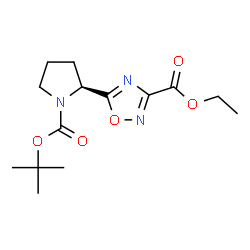 ChemSpider 2D Image | Ethyl 5-[(2S)-1-{[(2-methyl-2-propanyl)oxy]carbonyl}-2-pyrrolidinyl]-1,2,4-oxadiazole-3-carboxylate | C14H21N3O5