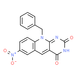 ChemSpider 2D Image | pyrimido[4,5-b]quinoline-2,4(3H,10H)-dione, 7-nitro-10-(phenylmethyl)- | C18H12N4O4