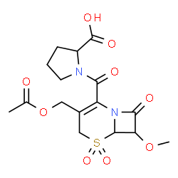 ChemSpider 2D Image | 1-{[3-(Acetoxymethyl)-7-methoxy-5,5-dioxido-8-oxo-5-thia-1-azabicyclo[4.2.0]oct-2-en-2-yl]carbonyl}proline | C16H20N2O9S